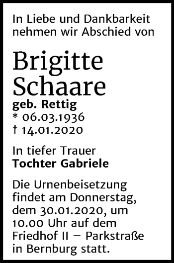 Traueranzeige von Brigitte Schaare von Mitteldeutsche Zeitung Bernburg