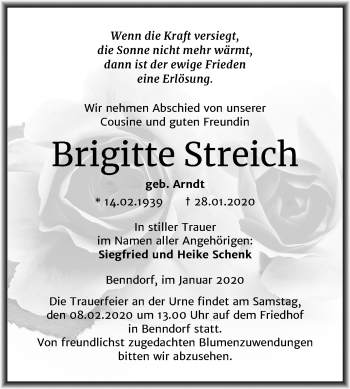 Traueranzeige von Brigitte Streich von Mitteldeutsche Zeitung Mansfelder Land