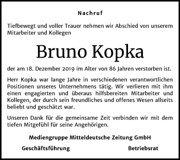 Traueranzeige von Bruno Kopka von Mitteldeutsche Zeitung Halle/Saalkreis