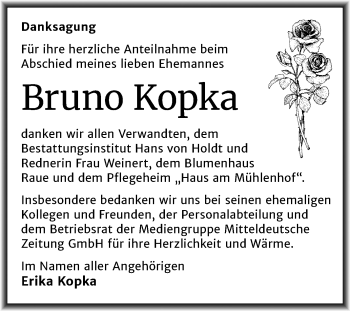 Traueranzeige von Bruno Kopka von Mitteldeutsche Zeitung Halle/Saalkreis