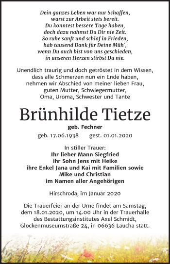Traueranzeige von Brünhilde Tietze von Wochenspiegel Naumburg/Nebra