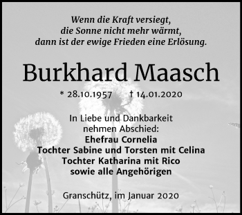 Traueranzeige von Burkhard Maasch von Mitteldeutsche Zeitung Weißenfels