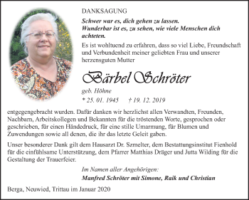 Traueranzeige von Bärbel Schröter von Super Sonntag Sangerhausen