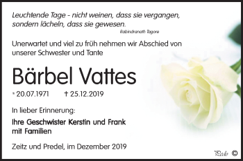 Traueranzeige von Bärbel Vattes von Super Sonntag Zeitz