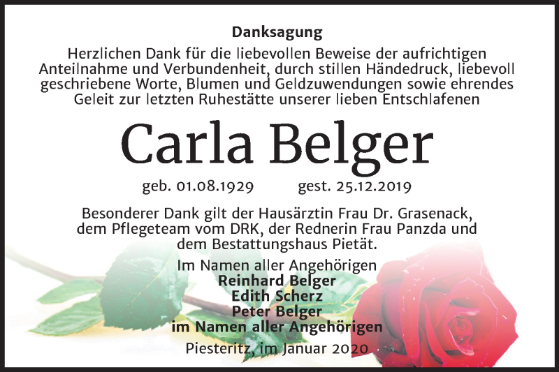  Traueranzeige für Carla Belger vom 25.01.2020 aus Super Sonntag Wittenberg