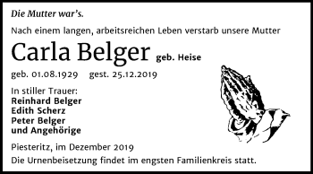 Traueranzeige von Carla Belger von Mitteldeutsche Zeitung Wittenberg