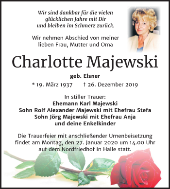 Traueranzeige von Charlotte Majewski von Mitteldeutsche Zeitung Halle/Saalkreis
