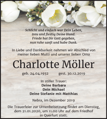 Traueranzeige von Charlotte Möller von Mitteldeutsche Zeitung Merseburg/Querfurt