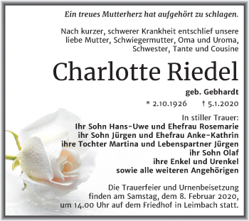 Traueranzeige von Charlotte Riedel von Super Sonntag Mansfelder Land