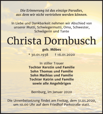 Traueranzeige von Christa Dornbusch von Mitteldeutsche Zeitung Bernburg
