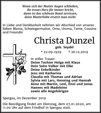 Traueranzeige von Christa Dunzel von Super Sonntag Merseburg/Querfurt