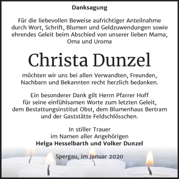 Traueranzeige von Christa Dunzel von Mitteldeutsche Zeitung Merseburg/Querfurt
