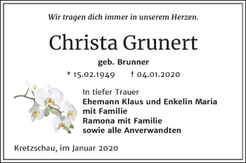 Traueranzeige von Christa Grunert von Mitteldeutsche Zeitung Zeitz