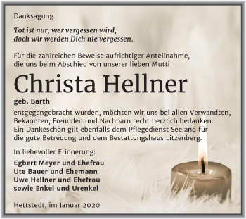 Traueranzeige von Christa Hellner von Super Sonntag Mansfelder Land