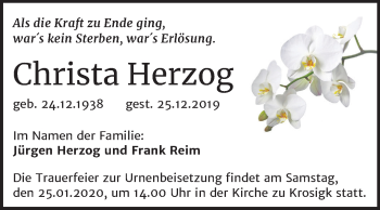 Traueranzeige von Christa Herzog von Super Sonntag Aschersleben