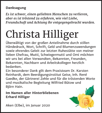 Traueranzeige von Christa Hilliger von Super Sonntag Köthen