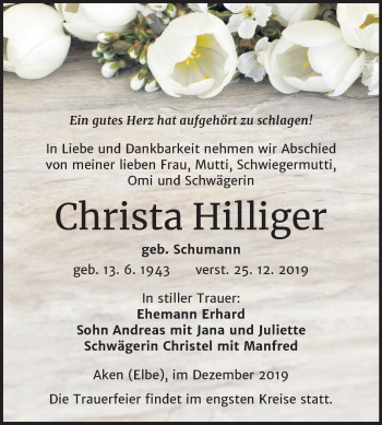 Traueranzeige von Christa Hilliger von Super Sonntag Köthen