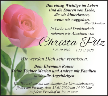 Traueranzeige von Christa Pilz von Super Sonntag Dessau-Roßlau