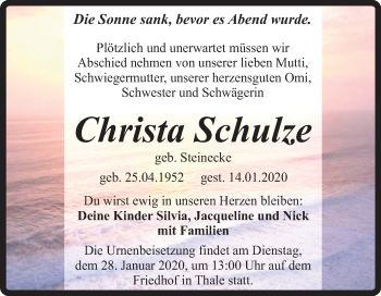 Traueranzeige von Christa Schulze von Super Sonntag Quedlinburg