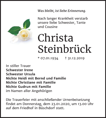 Traueranzeige von Christa Steinbrück von Mitteldeutsche Zeitung Halle/Saalkreis