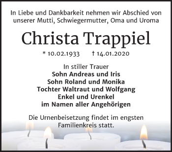 Traueranzeige von Christa Trappiel von Mitteldeutsche Zeitung Bitterfeld