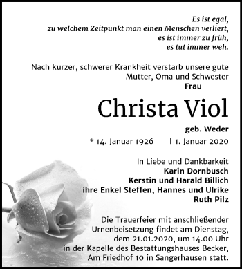 Traueranzeige von Christa Viol von Mitteldeutsche Zeitung Sangerhausen