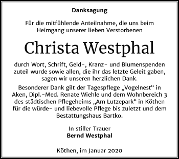 Traueranzeige von Christa Westphal von Super Sonntag Köthen