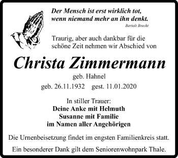 Traueranzeige von Christa Zimmermann von Super Sonntag Quedlinburg