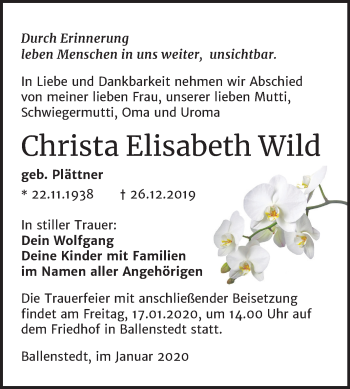 Traueranzeige von Christa Elisabeth Wild von Mitteldeutsche Zeitung Quedlinburg