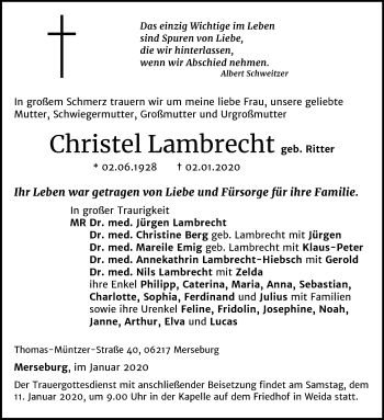 Traueranzeige von Christel Lambrecht von Mitteldeutsche Zeitung Merseburg/Querfurt