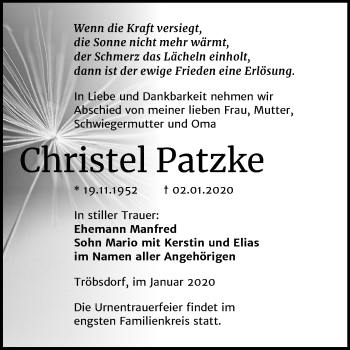Traueranzeige von Christel Patzke von Wochenspiegel Naumburg/Nebra