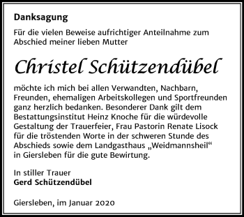 Traueranzeige von Christel Schützendübel von Super Sonntag Aschersleben