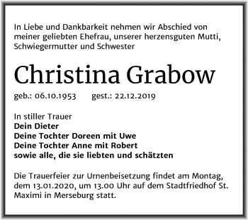 Traueranzeige von Christina Grabow von Mitteldeutsche Zeitung Merseburg/Querfurt