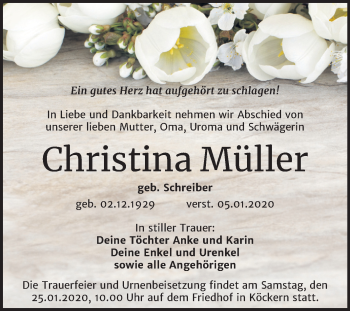 Traueranzeige von Christina Müller von Mitteldeutsche Zeitung Bitterfeld