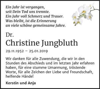 Traueranzeige von Christine Jungbluth von Mitteldeutsche Zeitung Merseburg/Querfurt