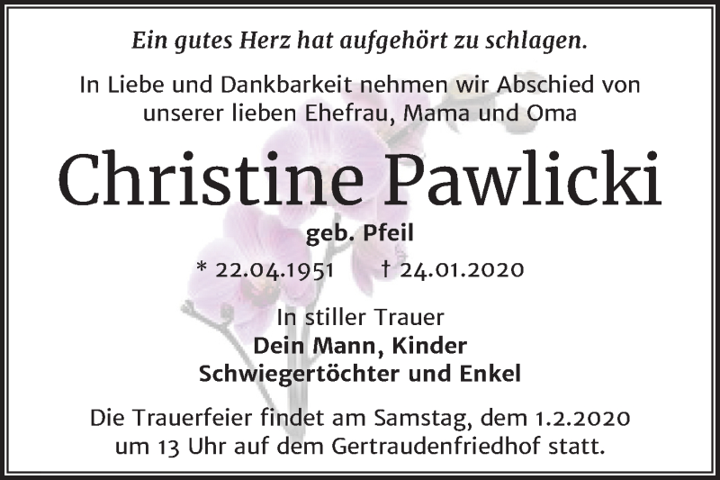  Traueranzeige für Christine Pawlicki vom 29.01.2020 aus Mitteldeutsche Zeitung Halle/Saalkreis