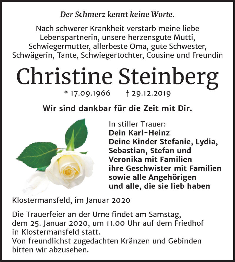  Traueranzeige für Christine Steinberg vom 15.01.2020 aus Wochenspiegel Mansfelder Land