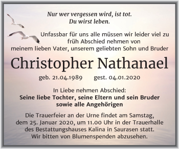 Traueranzeige von Christopher Nathanael von Mitteldeutsche Zeitung Mansfelder Land