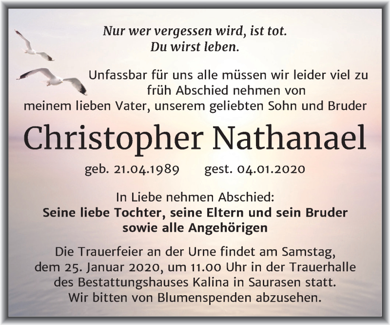 Traueranzeige für Christopher Nathanael vom 15.01.2020 aus Wochenspiegel Mansfelder Land