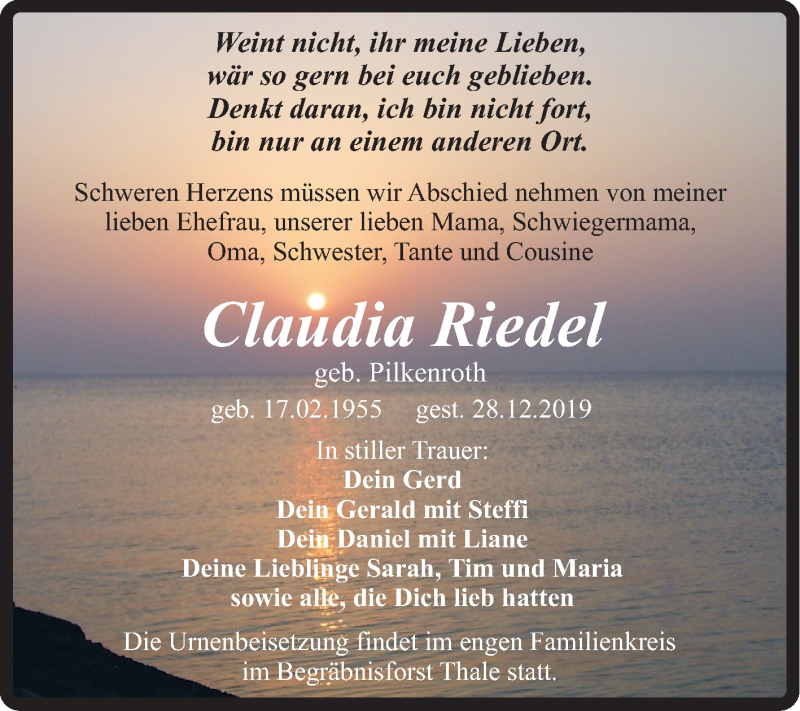  Traueranzeige für Claudia Riedel vom 11.01.2020 aus Mitteldeutsche Zeitung Quedlinburg