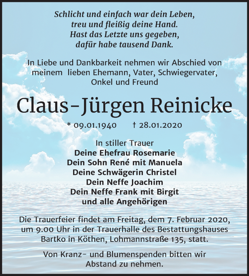  Traueranzeige für Claus-Jürgen Reinicke vom 31.01.2020 aus Mitteldeutsche Zeitung Köthen