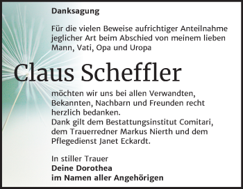Traueranzeige von Claus Scheffler von Super Sonntag Zeitz