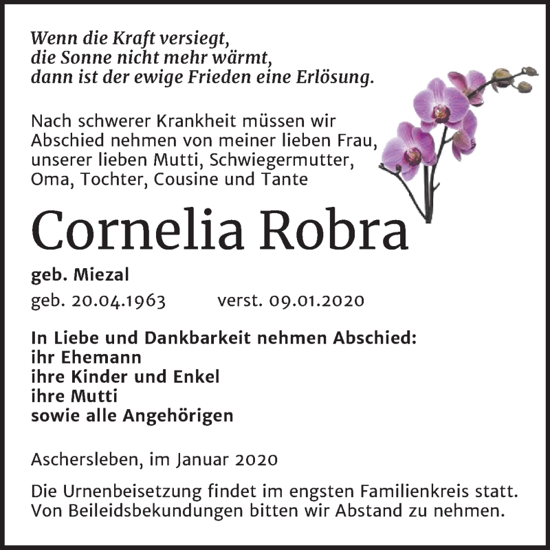  Traueranzeige für Cornelia Robra vom 18.01.2020 aus Mitteldeutsche Zeitung Aschersleben