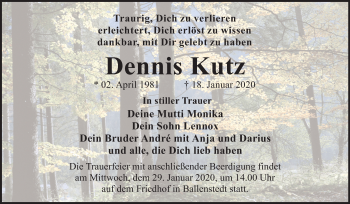 Traueranzeige von Dennis Kutz von Super Sonntag Quedlinburg
