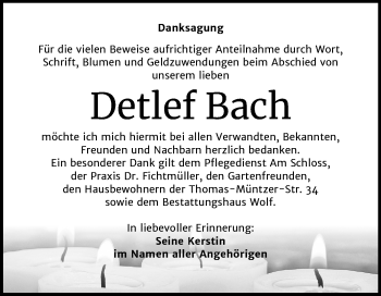 Traueranzeige von Detlef Bach von Wochenspiegel Weißenfels