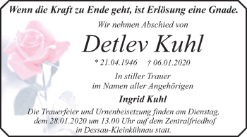 Traueranzeige von Detlev Kuhl von Mitteldeutsche Zeitung Dessau-Roßlau