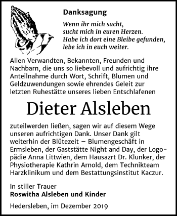 Traueranzeige von Dieter Alsleben von Mitteldeutsche Zeitung Quedlinburg
