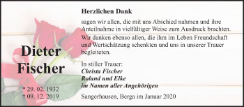 Traueranzeige von Dieter Fischer von Mitteldeutsche Zeitung Sangerhausen