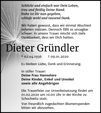 Traueranzeige von Dieter Gründler von Mitteldeutsche Zeitung Halle/Saalkreis