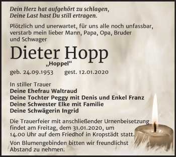 Traueranzeige von Dieter Hopp von Super Sonntag Wittenberg